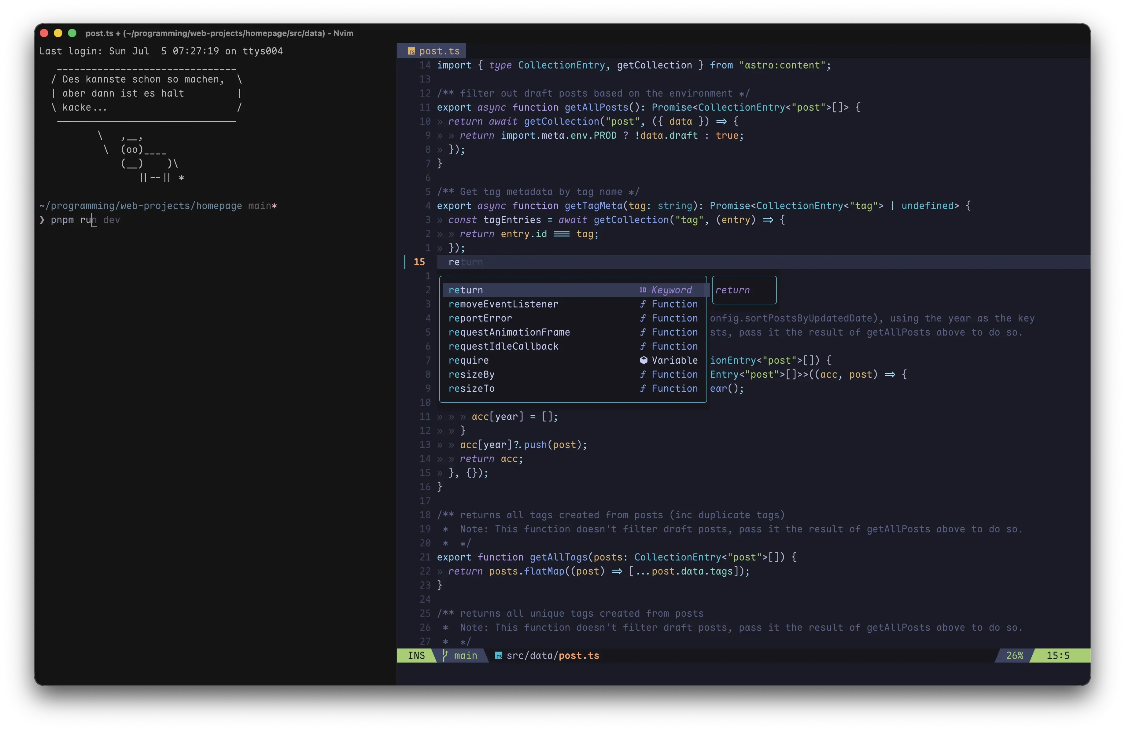 Ghostty terminal with the vague theme and FiraCode font