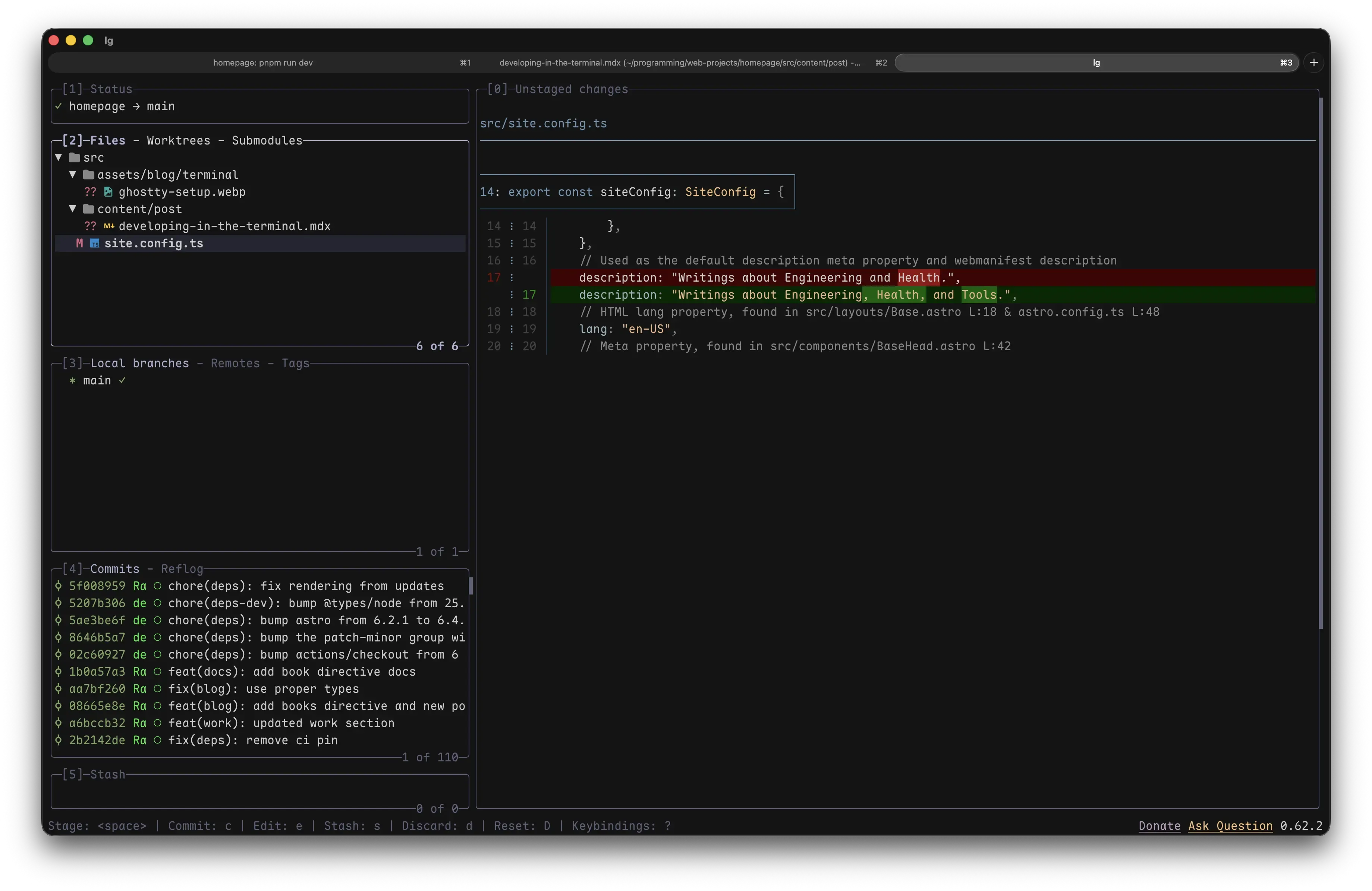 Lazygit TUI showing a diff view and staged files