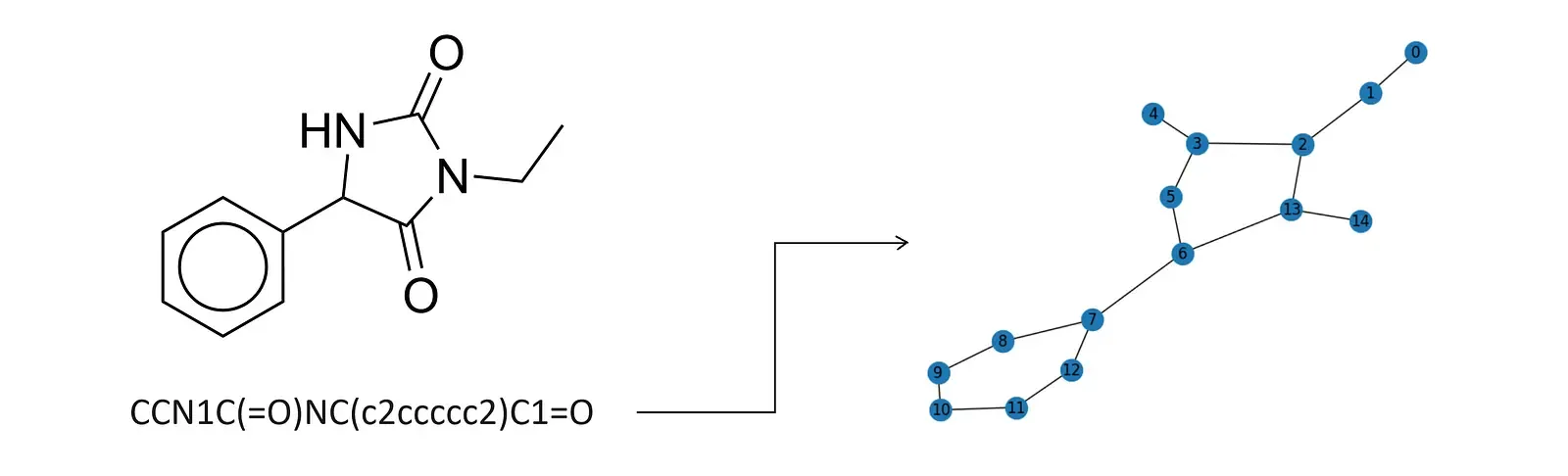 3-ethyl-5-phenylimidazolidine-2,4-dione represented by SMILES string 'CCN1C(=O)NC(c2ccccc2)C1=O' being converted into networkx graphical form for training